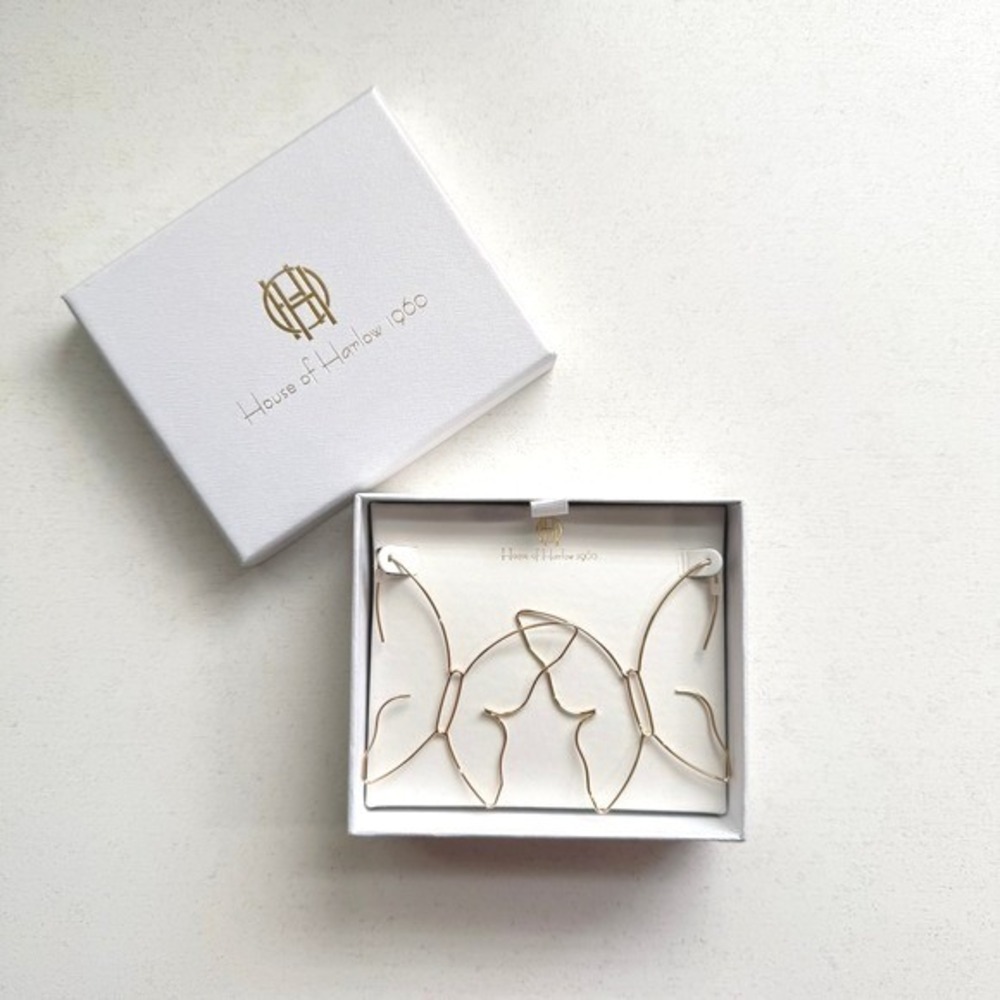 House of Harlow 1960 Gold Butterfly Wire Hoop Earrings Statement Jewelry Boxed